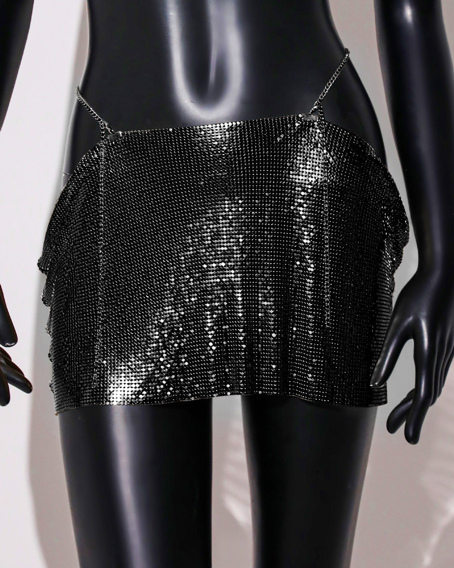 Image of Womens Sequin Skirt Mini Skirt Rave Dance Low Waist Metal Chains Waistband Skirt Club Party Skirts - black / free size